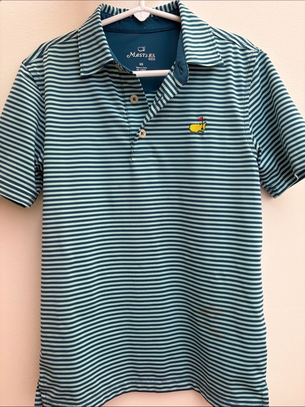 Masters Kids Green Stripe Dry Fit Golf Polo Shirt - Size XS (5-7) - Note Stain